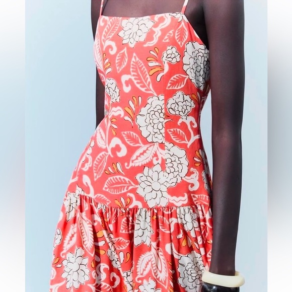 Zara drop waist printed midi dress coral orange size small - Picture 2 of 16